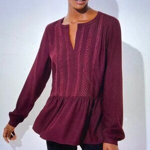 LOFT Burgundy Wine Peasant Peplum Embroidered Blouse Womens Plus Size 18